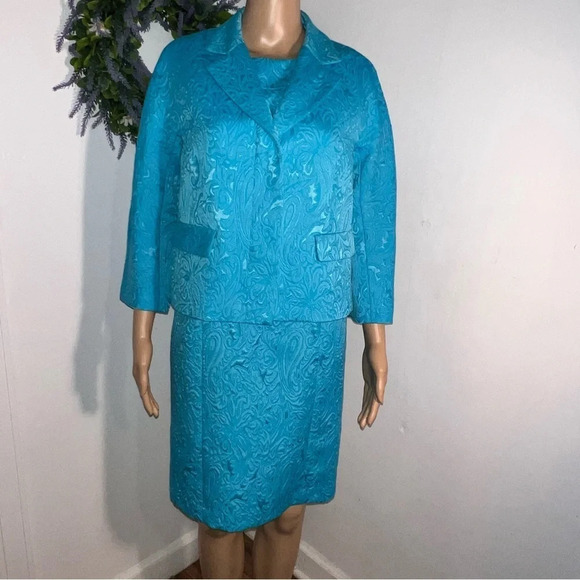 Talbots 8P, paisley embroidered blue sleeveless dress with matching crop jacket - Picture 2 of 13